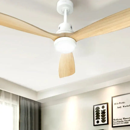 Modern ceiling fan with three wooden blades and energy-efficient AC motor