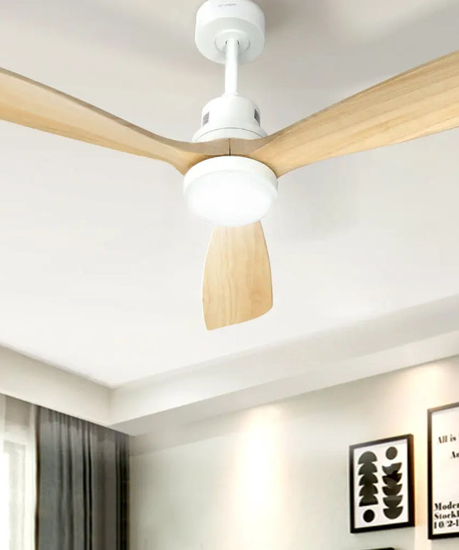 Modern ceiling fan with three wooden blades and energy-efficient AC motor
