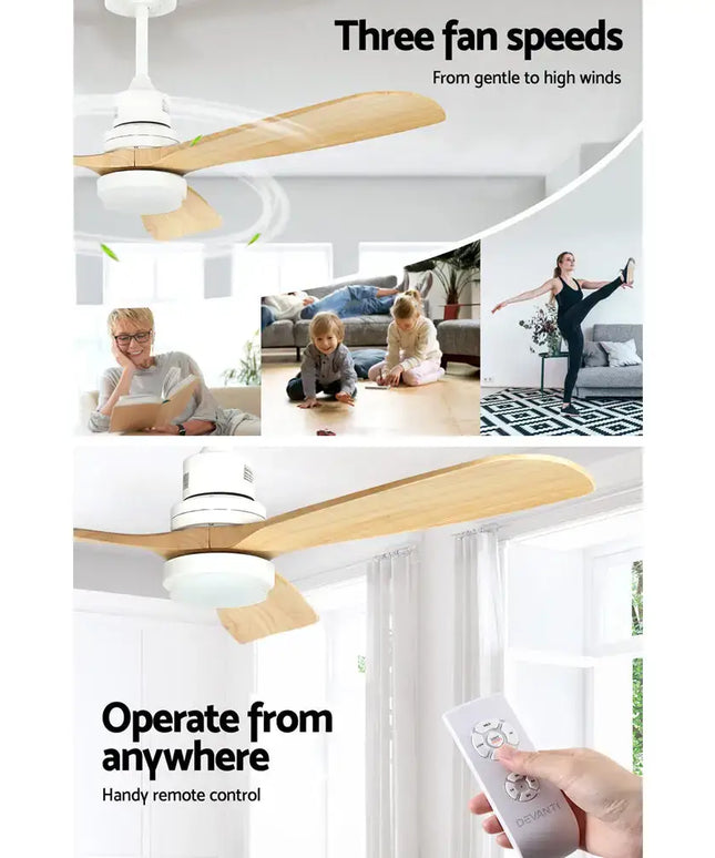 Light wood ceiling fan with three-speed settings and energy-efficient design