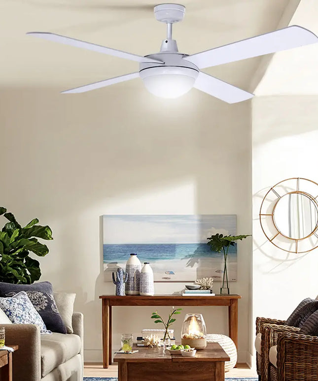 Modern white ceiling fan with sleek wooden blades for a stylish home