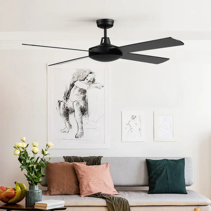 Modern ceiling fan with four wooden blades and energy-efficient AC motor