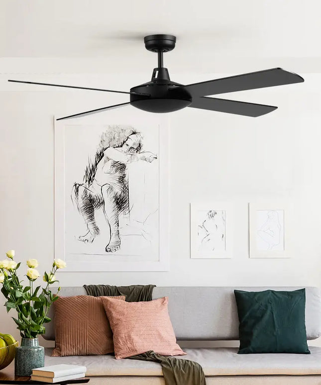 Modern ceiling fan with four wooden blades and energy-efficient AC motor