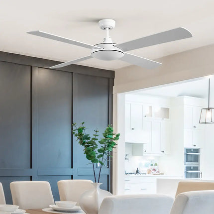 Sleek and modern white ceiling fan with four wooden blades