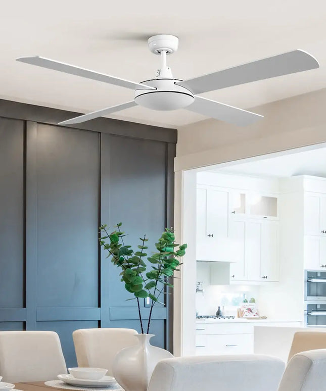 Sleek and modern white ceiling fan with four wooden blades