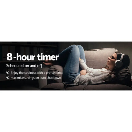 White ceiling fan with an 8-hour timer for energy efficiency