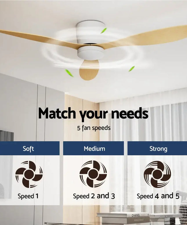 Energy-efficient DC ceiling fan with five-speed settings and whisper-quiet operation