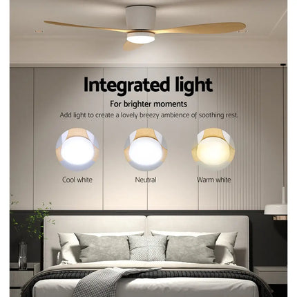 Remote-controlled ceiling fan with adjustable LED lighting in warm, neutral, and cool white