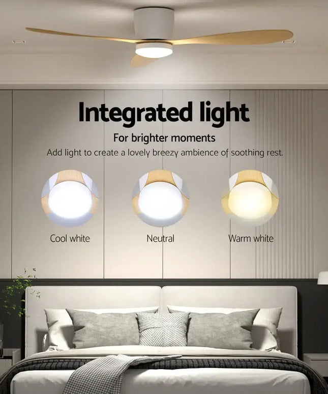 Remote-controlled ceiling fan with adjustable LED lighting in warm, neutral, and cool white