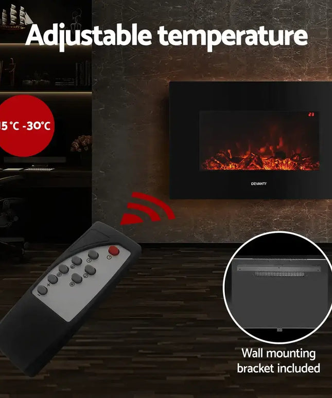 Devanti Electric Fireplace Fire Heater 2000W Black - Appliances > Heaters