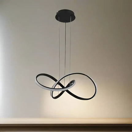 Diamanto LED pendant light with artistic black and white infinity loop design and steel wire lengths