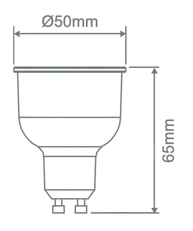 Diagram of a light bulb with dimensions for Domus 6W GU10 Tri-Colour Dimmable LED Globe