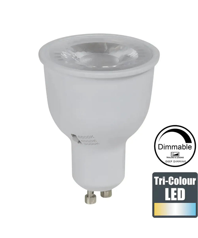 White dimmable LED lightbulb from Domus 6W GU10 Tri-Colour Dimmable LED Globe
