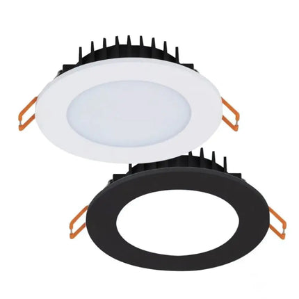 Domus Bliss 10W Tri-Colour LED Downlight with flat face frame and opal diffuser – 90mm cut-out, IP54 rated