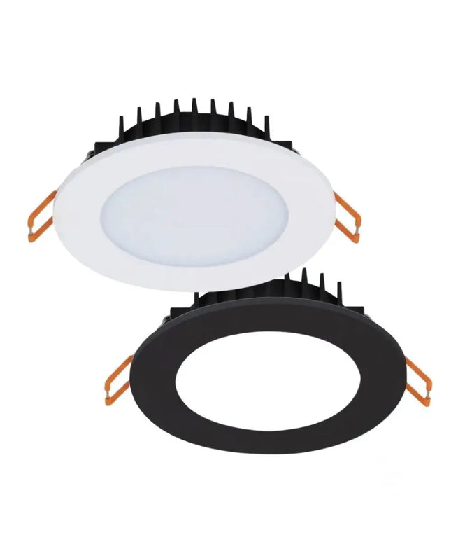 Domus Bliss 10W Tri-Colour LED Downlight with flat face frame and opal diffuser – 90mm cut-out, IP54 rated