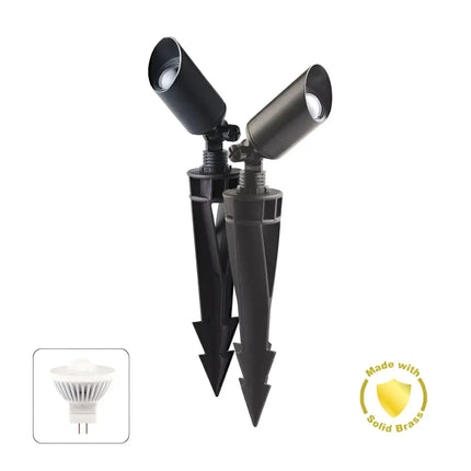 Outdoor black spotlights with ground stakes for garden lighting and landscape illumination