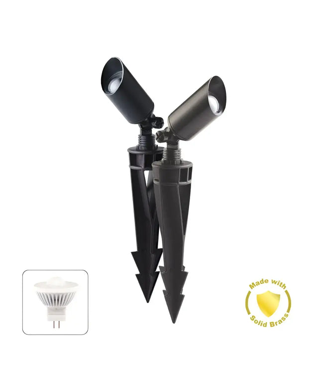 Outdoor black spotlights with ground stakes for garden lighting and landscape illumination