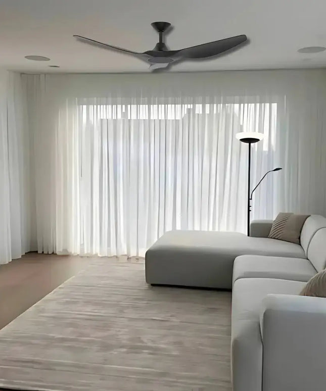 Domus Strike 60" matt black ceiling fan installed in a modern living room