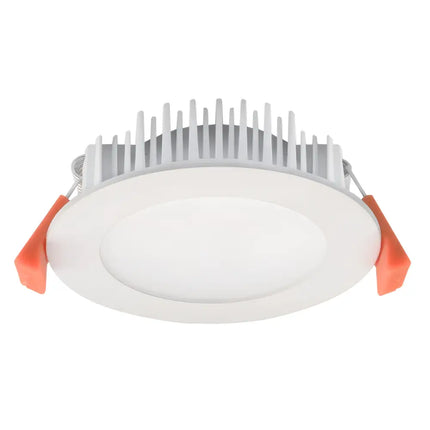 White round LED downlight with finned heat sink and orange spring clips for Domus Tek 90mm LED downlight