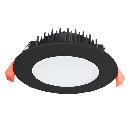 Black round recessed LED downlight with orange spring clips, Domus Tek 90mm LED downlight