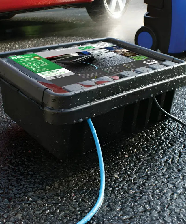 Black rectangular water containment box from Dri-Box weather and dust proof electrical enclosure