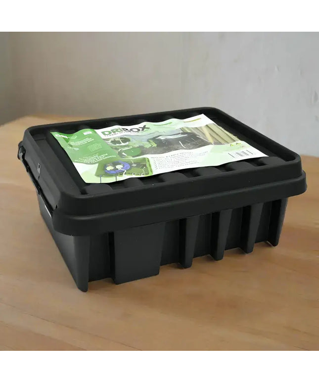 Black plastic storage box from Dri-Box Weather and Dust Proof Electrical Box series