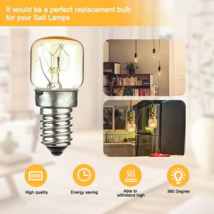 Clear 15-watt E14 bulbs for Himalayan salt lamps, heat-resistant up to 300°C.