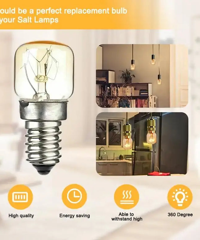 Clear 15-watt E14 bulbs for Himalayan salt lamps, heat-resistant up to 300°C.