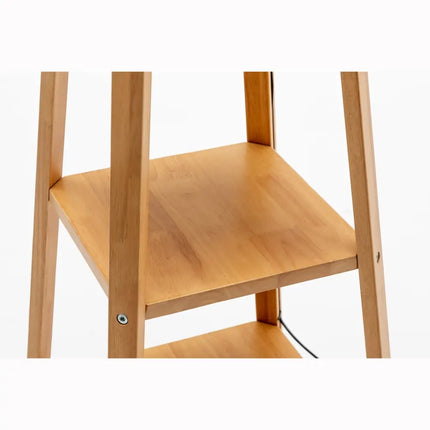 Eiffel 3 Tier Natural Wood Floor Lamp w/ Storage Shelves + Off White Linen Shade - Home & Garden > Lighting