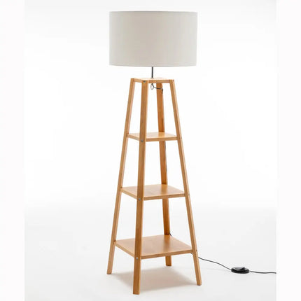 Eiffel 3 Tier Natural Wood Floor Lamp w/ Storage Shelves + Off White Linen Shade - Home & Garden > Lighting