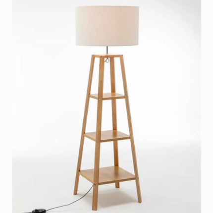 Eiffel 3 Tier Natural Wood Floor Lamp w/ Storage Shelves + Off White Linen Shade - Home & Garden > Lighting