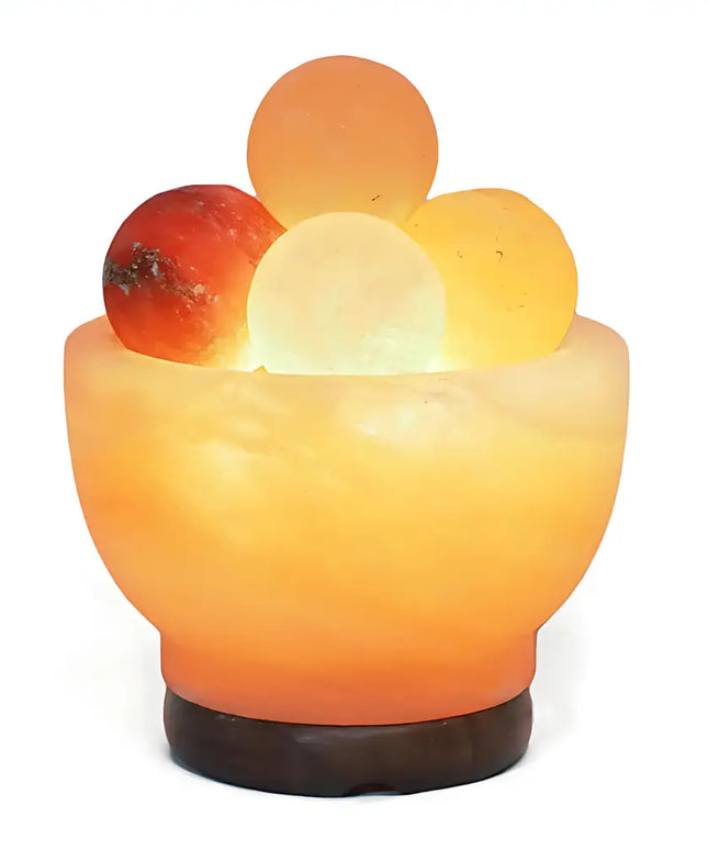 Handcrafted Himalayan salt fire bowl lamp with pink spheres and Australian-standard cord.