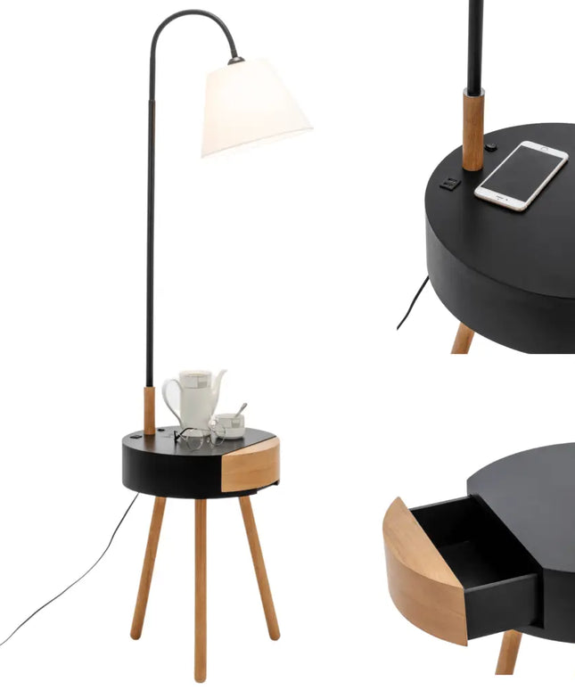 Florence Tripod Lamp Shelf Storage Drawer Bed Side Table Light w/ USB Charger - Home & Garden > Lighting