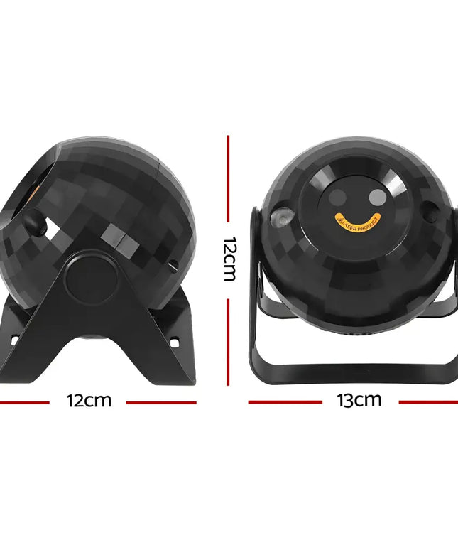 Black disco ball projector displaying vibrant RGB lights for party and stage use