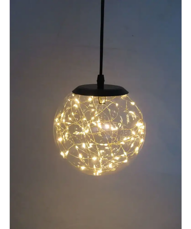 Glass LED Globe Pendant Light with Fairy Lights and Timer, Round Hanging Lantern Lamp