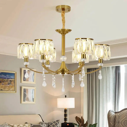 Gold Chandelier 6 Lights Wagon Wheel Clear Crystal - Home & Garden > Lighting