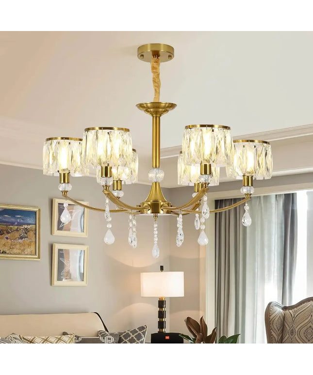 Gold Chandelier 6 Lights Wagon Wheel Clear Crystal - Home & Garden > Lighting