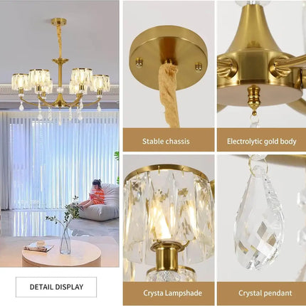 Gold Chandelier 6 Lights Wagon Wheel Clear Crystal - Home & Garden > Lighting