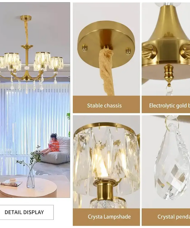 Gold Chandelier 6 Lights Wagon Wheel Clear Crystal - Home & Garden > Lighting