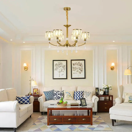 Gold Chandelier 6 Lights Wagon Wheel Clear Crystal - Home & Garden > Lighting