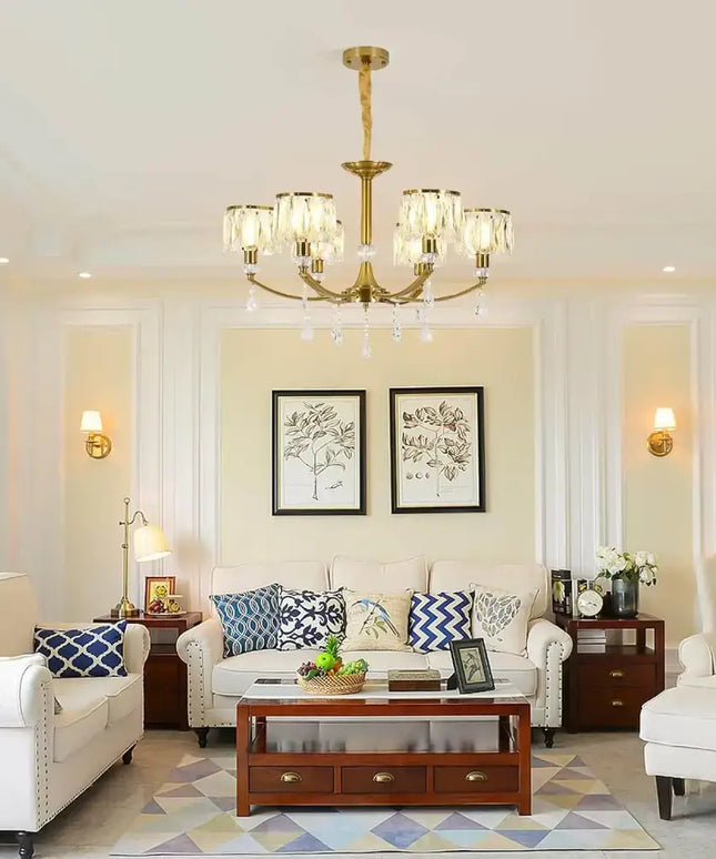 Gold Chandelier 6 Lights Wagon Wheel Clear Crystal - Home & Garden > Lighting