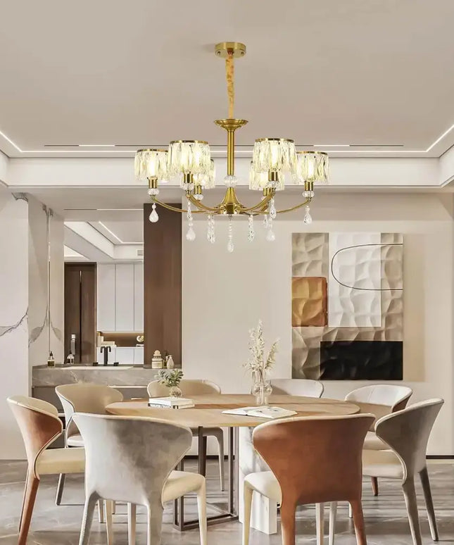 Gold Chandelier 6 Lights Wagon Wheel Clear Crystal - Home & Garden > Lighting