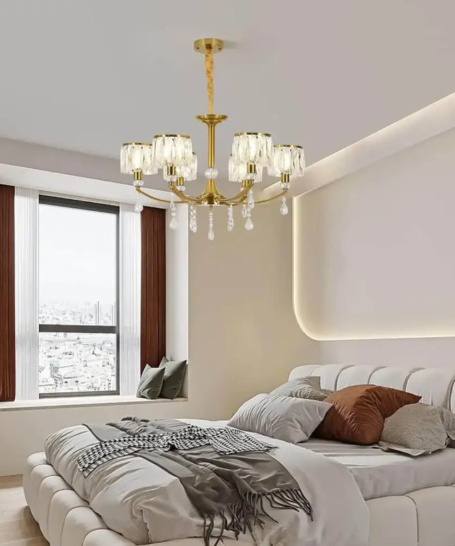 Gold Chandelier 6 Lights Wagon Wheel Clear Crystal - Home & Garden > Lighting