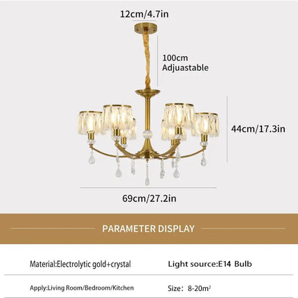 Gold Chandelier 6 Lights Wagon Wheel Clear Crystal - Home & Garden > Lighting