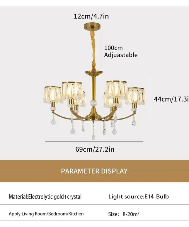 Gold Chandelier 6 Lights Wagon Wheel Clear Crystal - Home & Garden > Lighting