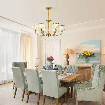 Gold Chandelier 6 Lights Wagon Wheel Clear Crystal - Home & Garden > Lighting