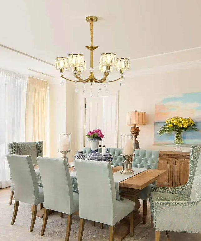 Gold Chandelier 6 Lights Wagon Wheel Clear Crystal - Home & Garden > Lighting