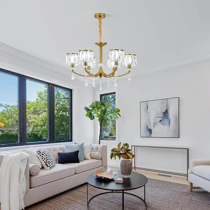 Gold Chandelier 6 Lights Wagon Wheel Clear Crystal - Home & Garden > Lighting