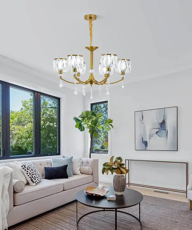 Gold Chandelier 6 Lights Wagon Wheel Clear Crystal - Home & Garden > Lighting