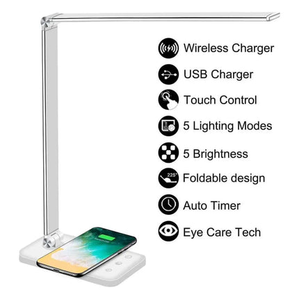 GOMINIMO LED Desk Lamp with Wireless Charger 5 Brightness Levels (White) - Home & Garden > Lighting
