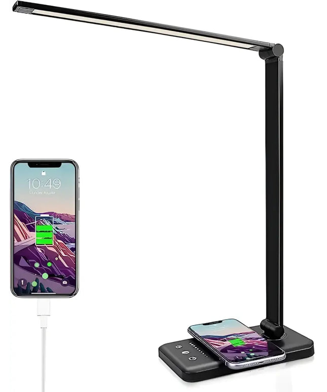 Black LED desk lamp with wireless charging base and USB port from GOMINIMO